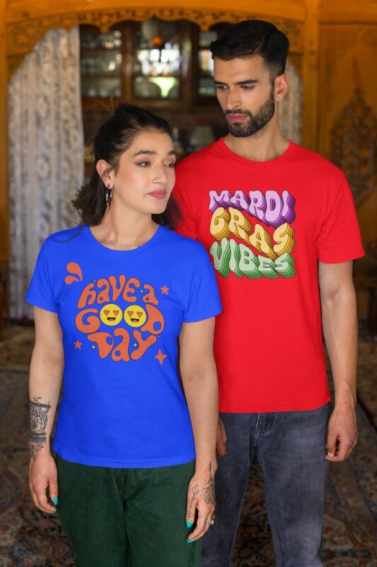 t shirt mockup featuring a tattooed woman posing with a bearded man m35566 Printyworld.com | Pakistan's First Print On Demand Company